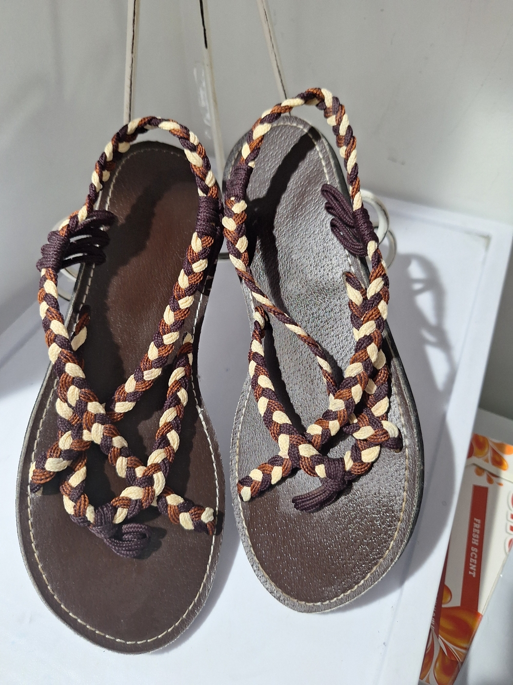 Women's Braided Rope Toe-Loop Sandals in Brown and Cream
